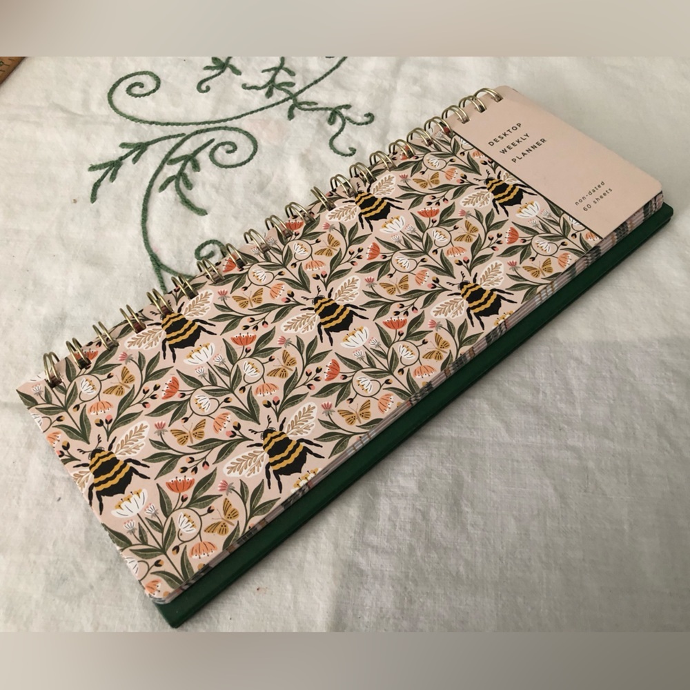 Juliana Tipton x Fringe weekly desktop planner featuring a bee and botanical pat